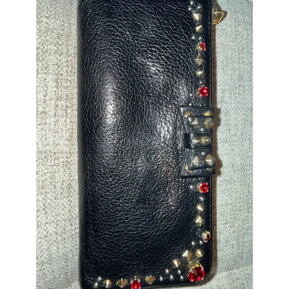 Miu Miu Black Leather Studded Bow Zip Wallet – Red Jewels, Gold Hardware, Italy